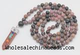 GMN1540 Hand-knotted 8mm, 10mm rhodonite 108 beads mala necklace with pendant