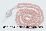 GMN1553 Knotted 8mm, 10mm Chinese pink opal 108 beads mala necklace with pendant