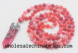 GMN1559 Knotted 8mm, 10mm red banded agate 108 beads mala necklace with pendant