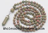 GMN1664 Hand-knotted 6mm unakite 108 beads mala necklaces with pendant