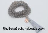 GMN1750 Knotted 8mm, 10mm grey agate 108 beads mala necklace with tassel & charm