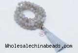 GMN1752 Knotted 8mm, 10mm grey banded agate 108 beads mala necklace with tassel & charm