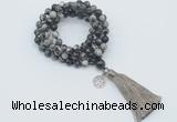 GMN1773 Knotted 8mm, 10mm black water jasper 108 beads mala necklace with tassel & charm