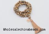 GMN1775 Knotted 8mm, 10mm picture jasper 108 beads mala necklace with tassel & charm