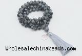 GMN1793 Knotted 8mm, 10mm snowflake obsidian 108 beads mala necklace with tassel & charm