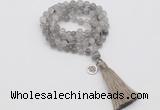 GMN1818 Knotted 8mm, 10mm cloudy quartz 108 beads mala necklace with tassel & charm