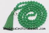 GMN1846 Hand-knotted 8mm candy jade 108 beads mala necklace with tassel & charm