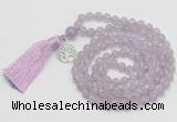 GMN1885 Knotted 8mm, 10mm lavender amethyst 108 beads mala necklace with tassel & charm