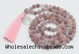 GMN1886 Knotted 8mm, 10mm purple strawberry quartz 108 beads mala necklace with tassel & charm