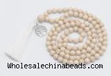 GMN1889 Knotted 8mm, 10mm white fossil jasper 108 beads mala necklace with tassel & charm