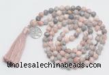 GMN1890 Knotted 8mm, 10mm pink zebra jasper 108 beads mala necklace with tassel & charm