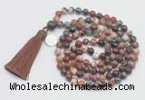 GMN1891 Knotted 8mm, 10mm brecciated jasper 108 beads mala necklace with tassel & charm