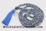 GMN1894 Knotted 8mm, 10mm blue spot stone 108 beads mala necklace with tassel & charm