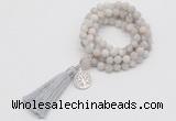 GMN2001 Knotted 8mm, 10mm matte white crazy agate 108 beads mala necklace with tassel & charm