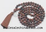 GMN2028 Knotted 8mm, 10mm matte red tiger eye 108 beads mala necklace with tassel & charm