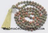 GMN2032 Knotted 8mm, 10mm matte unakite 108 beads mala necklace with tassel & charm