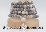 GMN2232 Hand-knotted 8mm, 10mm matte pink zebra jasper 108 beads mala necklaces with charm