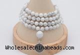 GMN2418 Hand-knotted 6mm white howlite 108 beads mala necklace with charm