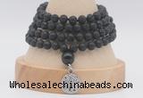 GMN2477 Hand-knotted 6mm black lava 108 beads mala necklaces with charm