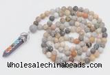 GMN2603 Hand-knotted 8mm, 10mm matte bamboo leaf agate 108 beads mala necklace with pendant