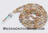 GMN2604 Hand-knotted 8mm, 10mm matte fossil coral 108 beads mala necklace with pendant