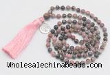 GMN325 Hand-knotted 6mm rhodonite 108 beads mala necklaces with tassel & charm