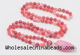 GMN4006 Hand-knotted 8mm, 10mm red banded agate 108 beads mala necklace with pendant