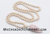 GMN4020 Hand-knotted 8mm, 10mm white fossil jasper 108 beads mala necklace with pendant