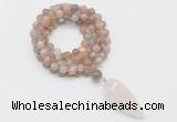 GMN4058 Hand-knotted 8mm, 10mm moonstone 108 beads mala necklace with pendant