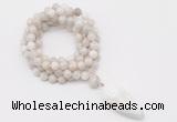 GMN4062 Hand-knotted 8mm, 10mm white crazy agate 108 beads mala necklace with pendant