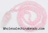 GMN4200 Hand-knotted 8mm, 10mm matte rose quartz 108 beads mala necklace with pendant