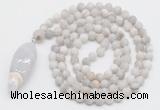 GMN4210 Hand-knotted 8mm, 10mm matte white crazy agate 108 beads mala necklace with pendant