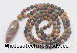 GMN4216 Hand-knotted 8mm, 10mm matte picasso jasper 108 beads mala necklace with pendant