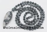 GMN4221 Hand-knotted 8mm, 10mm matte snowflake obsidian 108 beads mala necklace with pendant