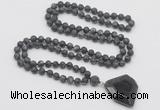 GMN4422 Hand-knotted 8mm, 10mm matte black labradorite 108 beads mala necklace with pendant