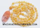 GMN4605 Hand-knotted 8mm, 10mm yellow banded agate 108 beads mala necklace with pendant