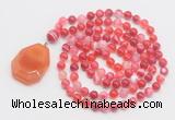 GMN4606 Hand-knotted 8mm, 10mm red banded agate 108 beads mala necklace with pendant