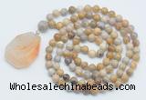 GMN4636 Hand-knotted 8mm, 10mm fossil coral 108 beads mala necklace with pendant