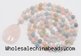 GMN4655 Hand-knotted 8mm, 10mm morganite 108 beads mala necklace with pendant