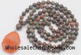 GMN4668 Hand-knotted 8mm, 10mm ocean agate 108 beads mala necklace with pendant