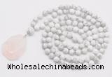 GMN4694 Hand-knotted 8mm, 10mm white howlite 108 beads mala necklace with pendant