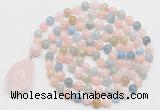 GMN4819 Hand-knotted 8mm, 10mm morganite 108 beads mala necklace with pendant