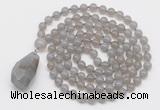 GMN4825 Hand-knotted 8mm, 10mm grey agate 108 beads mala necklace with pendant