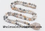 GMN4832 Hand-knotted 8mm, 10mm bamboo leaf agate 108 beads mala necklace with pendant