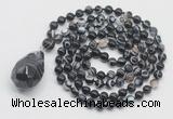 GMN4843 Hand-knotted 8mm, 10mm black banded agate 108 beads mala necklace with pendant