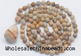 GMN4861 Hand-knotted 8mm, 10mm picture jasper 108 beads mala necklace with pendant