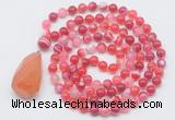 GMN4906 Hand-knotted 8mm, 10mm red banded agate 108 beads mala necklace with pendant