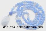 GMN4908 Hand-knotted 8mm, 10mm blue banded agate 108 beads mala necklace with pendant