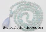 GMN4909 Hand-knotted 8mm, 10mm sea blue banded agate 108 beads mala necklace with pendant