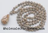 GMN4925 Hand-knotted 8mm, 10mm feldspar 108 beads mala necklace with pendant